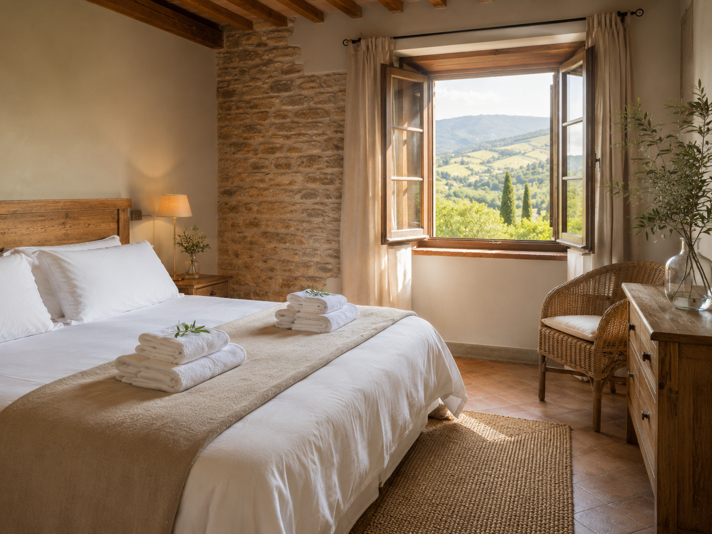 Camera con lenzuola fresche e asciugamani in un B&B del Casentino